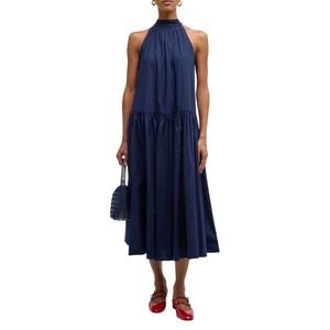 STAUD Marlowe Halter Neck Tie Cotton Poplin Midi Dress Navy